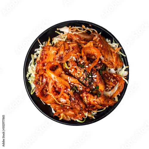 Top view Korean food, stir-fried pork with gochujang sauce on rice isolated on the white background with clipping path.