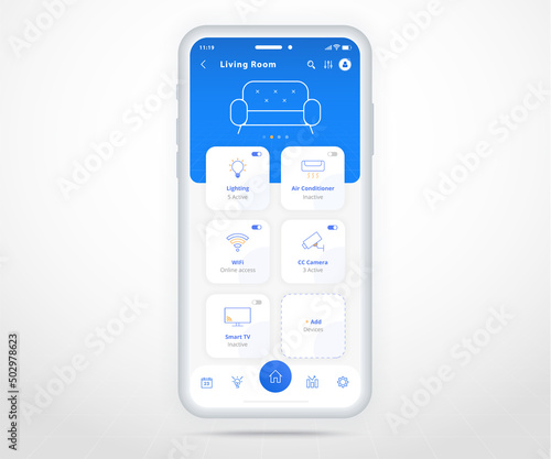 Smartphone smart home controlled app UX UI, IOT Internet of things technology, Digital future home automation tech, smart devices application phone, Wifi cctv lighting heating air, vector illustration