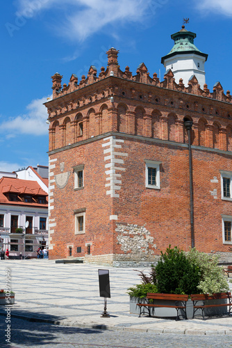 View on market with Sandomierz gothic Town Hall, Sandomierz, Poland