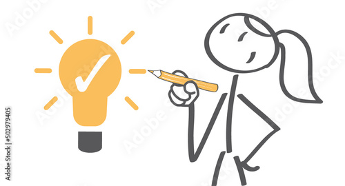 Woman with a light bulb - problem solving - stick figure wit light bulb