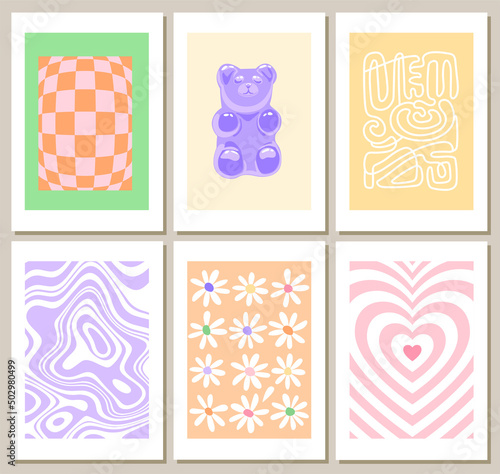 Abstract retro backgrounds set with groovy illustrations. Danish pastel aesthetic wall art decor. Vintage mid century art prints. Happy hippie 60s, 70s, 80s style. 