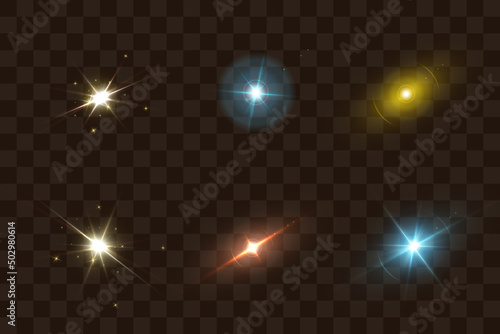 Glow of golden sparks of light on a transparent background. Blurred vector sequins design collection. Explosion flash, sun, flash and bright cloud.	