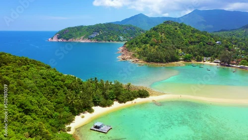 Flying Reverse Over Koh Ma Mae Haad Beach Aerial Drone View Tropical Island Destination North Koh Phangan Island Gulf of Thailand