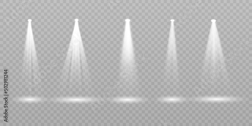 Collection of stage lighting, transparent effects. Bright illumination with spotlights.Vector
