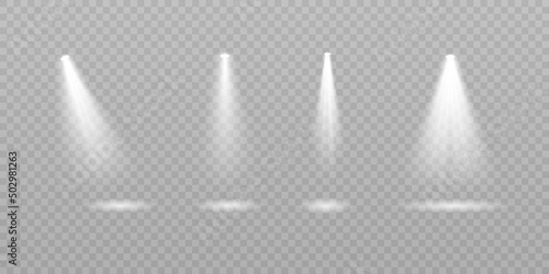 Collection of stage lighting, transparent effects. Bright illumination with spotlights.Vector
