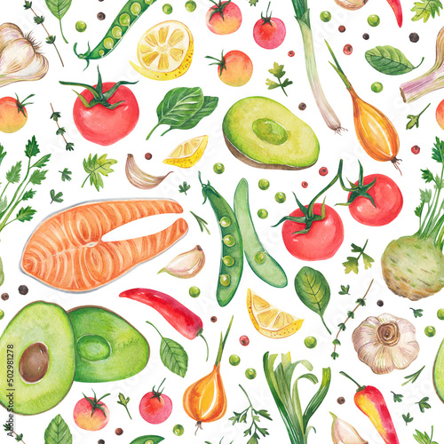 Fototapeta Naklejka Na Ścianę i Meble -  Watercolor illustration of the Mediterranean diet. Seamless pattern on a white background. A set of vegetables: tomatoes, salmon, avocado, garlic, celery root, hot pepper, onion and herbs. 