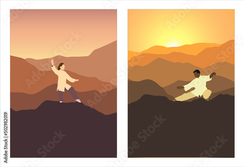 silhouette of a person in a sunset, qigong, tai chi posters