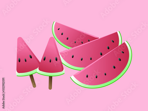 Illustration of 3D Chopped Water melon and popsicle isolated in pink background