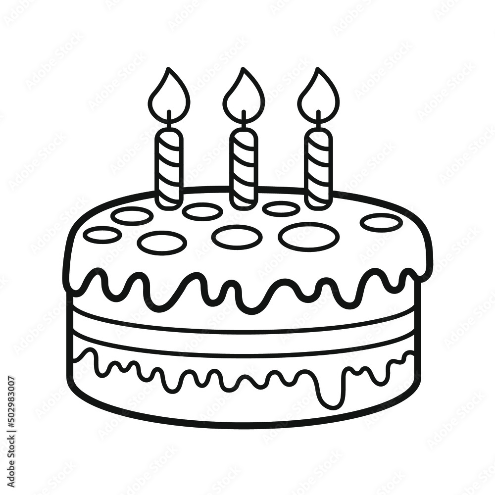 Happy birthday. Birthday cake with candles. Icon. Coloring book for children. Black and white vector image. Happy birthday. Birthday cake with candles. Icon. Coloring book for children. Black and white vector image.
