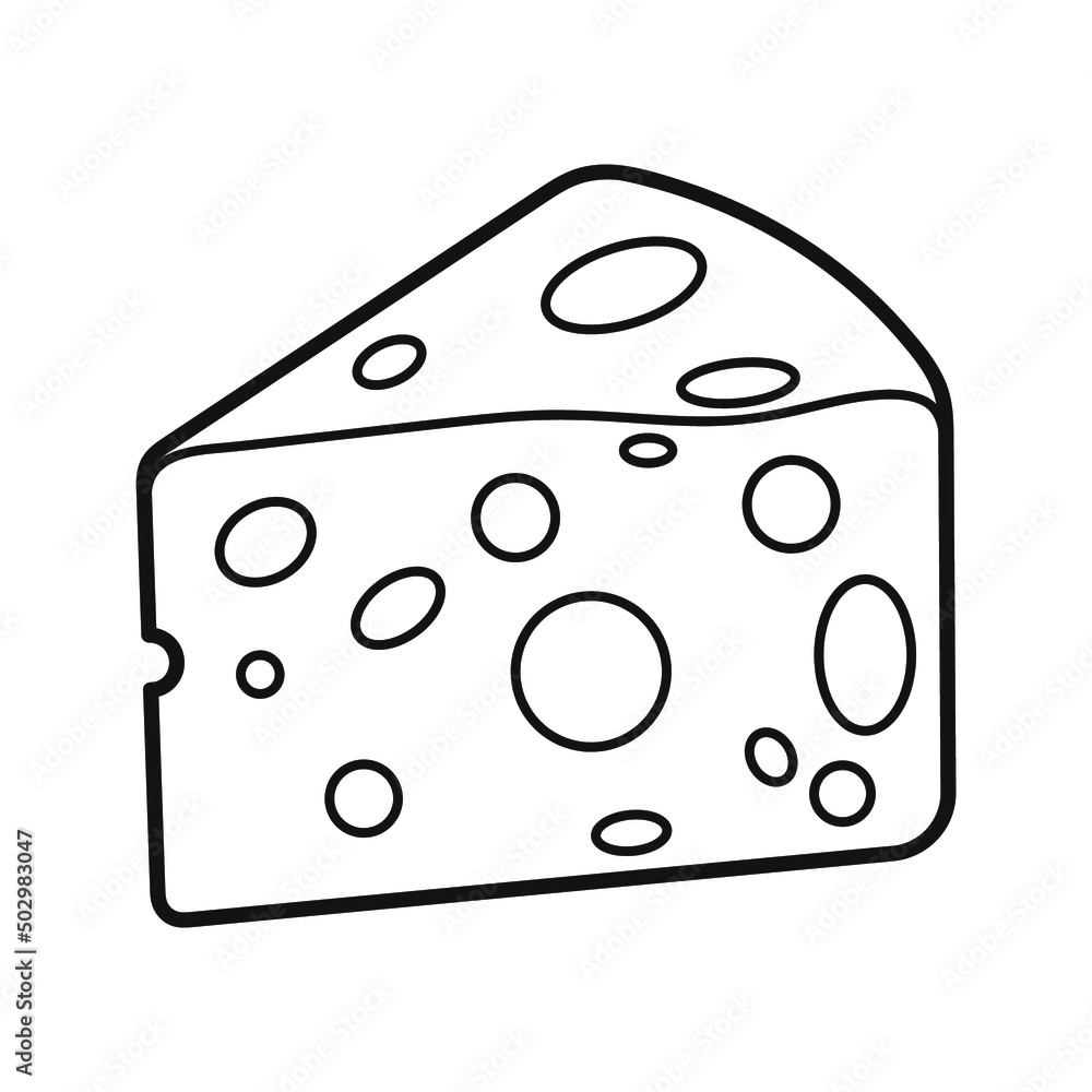 A piece of cheese with holes. Icon. Coloring pages. black and white picture. A piece of cheese with holes. Icon. Coloring pages. black and white picture.