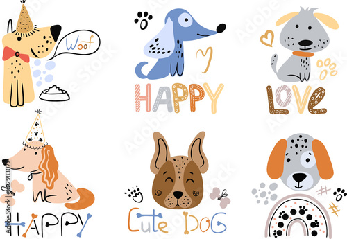A set of vector cute dog drawings. A collection of cartoon puppy characters design with flat color. A set of funny pets isolated on a white background. Baby dog characters 