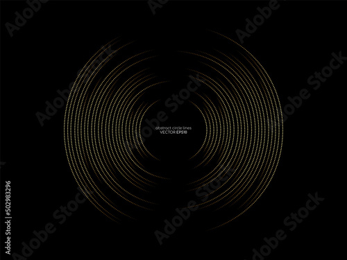 Abstract circle dots line pattern spin gold light isolated on black background in the concept of music, technology, digital