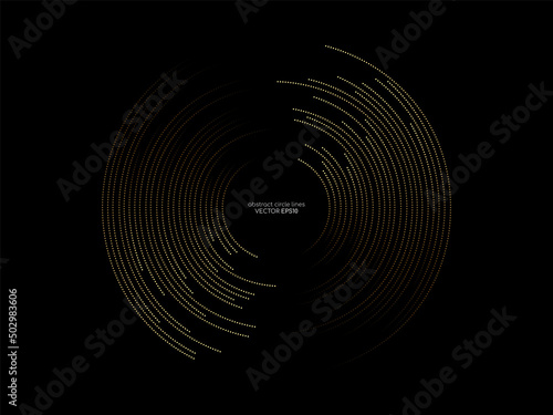 Abstract circle dots line pattern spin gold light isolated on black background in the concept of music, technology, digital