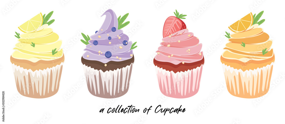 Set of sweet cupcakes. Collection of creamy muffins with