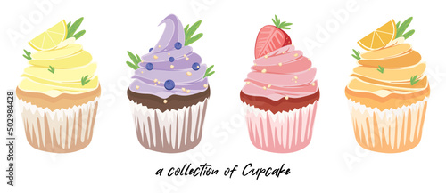 A collection set of cupcakes with whipped cream and fruit. Vector, muffin, blueberry, Strawberry, Orange, lemon, Sweet celebration Party, Bakery set