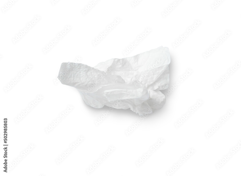 Single screwed or crumpled tissue paper after use isolated on white background with clipping path