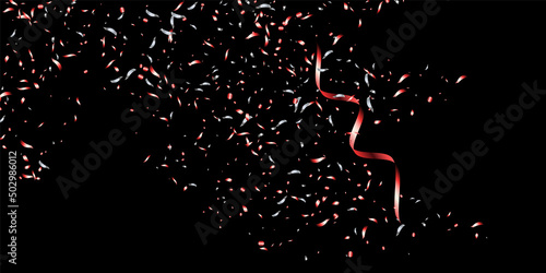 Confetti with red shiny glitter on a black background. Serpentine. Scattered shiny particles. Decorative element. Luxury background for your design, postcards, invitations, vector