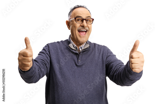 Excited mature man gesturing thumbs up