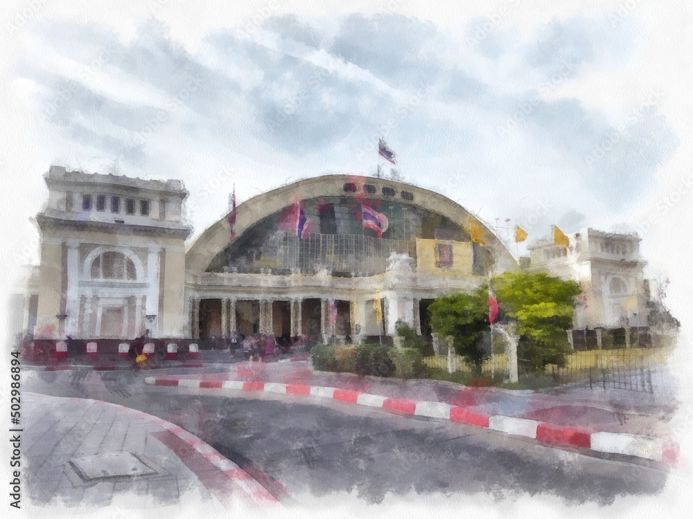 Landscape of Hua Lamphong Railway Station in Bangkok Thailand watercolor style illustration impressionist painting.