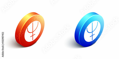 Isometric Neptune planet symbol icon isolated on white background. Astrology, numerology, horoscope, astronomy. Orange and blue circle button. Vector