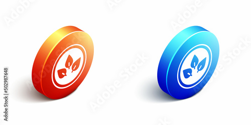 Isometric Vegan food diet icon isolated on white background. Organic, bio, eco symbol. Vegan, no meat, lactose free, healthy, fresh and nonviolent food. Orange and blue circle button. Vector