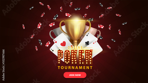 Poker tournament, dark and burgundy banner with button, symbol with lamp bulbs, cards, chips and champion cups