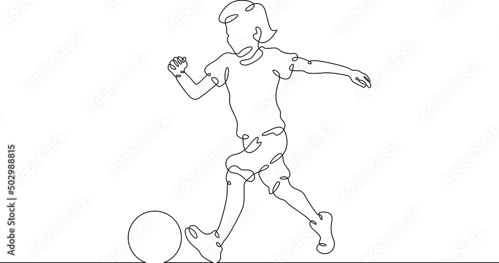 The boy plays. One continuous line.Children's sports ball game. The child plays ball. Kids games. Toddler games.One continuous line drawn isolated, white background.
