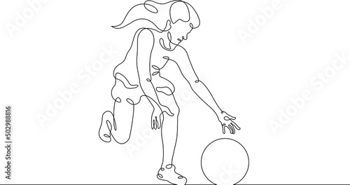 The girl plays. One continuous line.Children's sports ball game. The child plays ball. Kids games. Toddler games.One continuous line drawn isolated, white background.