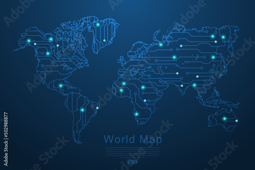 World map vector template with Abstract futuristic circuit board Illustration or High-tech technology mash line and point scales on dark background - Vector illustration ep 10 