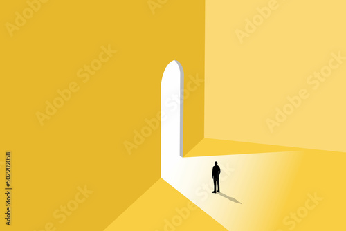 Business opportunity or career success vector concept with man walking enter door. Symbol of courage, ambition, having a goal, inspiration.