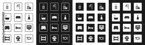 Set Suitcase, Sofa, Bathtub with shower, Hotel service bell, Shower, Five stars rating review and room bed icon. Vector