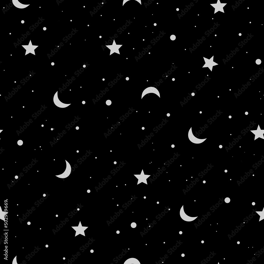 Seamless pattern with white stars and moons. Seamless pattern for kids textile, cards, stationery, wrapping.