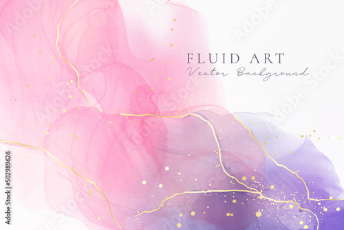 Purple rose and lavender liquid marble background with gold stripes and glitter dust. Pastel pink violet watercolor drawing effect. Vector illustration backdrop with gold splatter for wedding invite