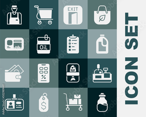 Set Spice in can, Cashier at cash register, Bottle for cleaning agent, Fire exit, of olive oil, Identification badge, Seller and Shopping list icon. Vector