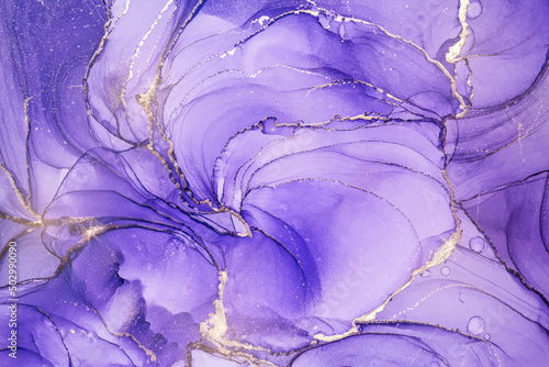 Luxury violet liquid watercolor background with golden stains. Royal purple marble alcohol ink drawing effect. Vector illustration design template for wedding invitation, certificate, menu