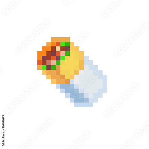 Burrito, pixel art icon, fried meat pastries and vegetable isolated vector illustration. 8-bit sprite. Design for stickers, logo, mobile app.