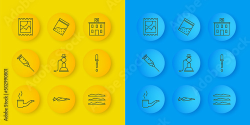 Set line Smoking pipe, Syringe, Hookah, Cocaine or heroin drug, Pipette, LSD acid mark, Medical hospital building and Plastic bag of icon. Vector