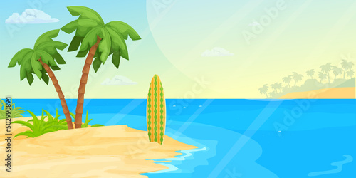 Tropical seascape beach with sea, sand, palm trees and surf board in cartoon style. Horizontal banner, summer vacation exotic coast. Calm, relaxing scene.