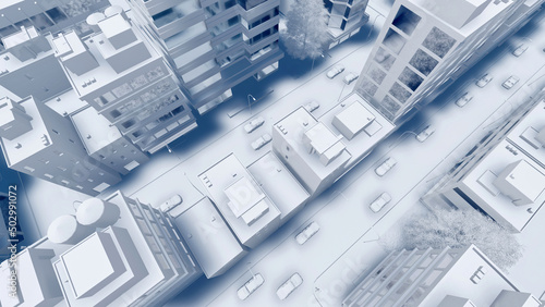 Aerial view of abstract modern city downtown looking as white architectural scale model with high rise buildings and empty streets. With no people concept 3D illustration from my 3D rendering. photo