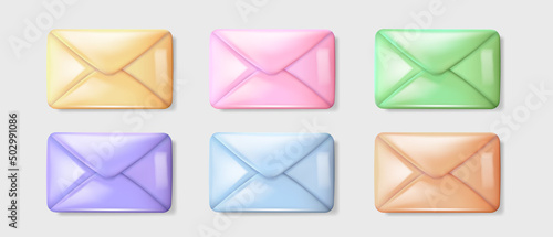 Set of 3d rendering cartoon closed shiny envelopes isolated on white background. Top view of six vector glossy three dimensional letters. 
