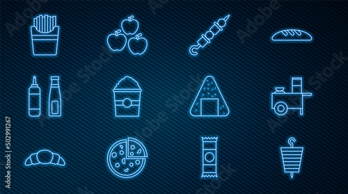 Set line Grilled shish kebab, Fast street food cart, Popcorn in box, Sauce bottle, Potatoes french fries, Onigiri and Apple icon. Vector