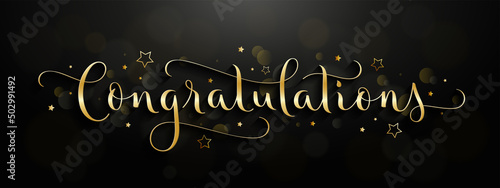 CONGRATULATIONS gold vector brush calligraphy greeting card with bokehs and stars on black background