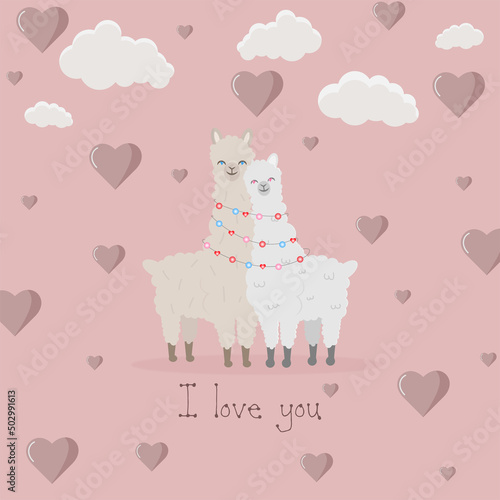 Two llamas in love stand together with a garland. Valentine's Day