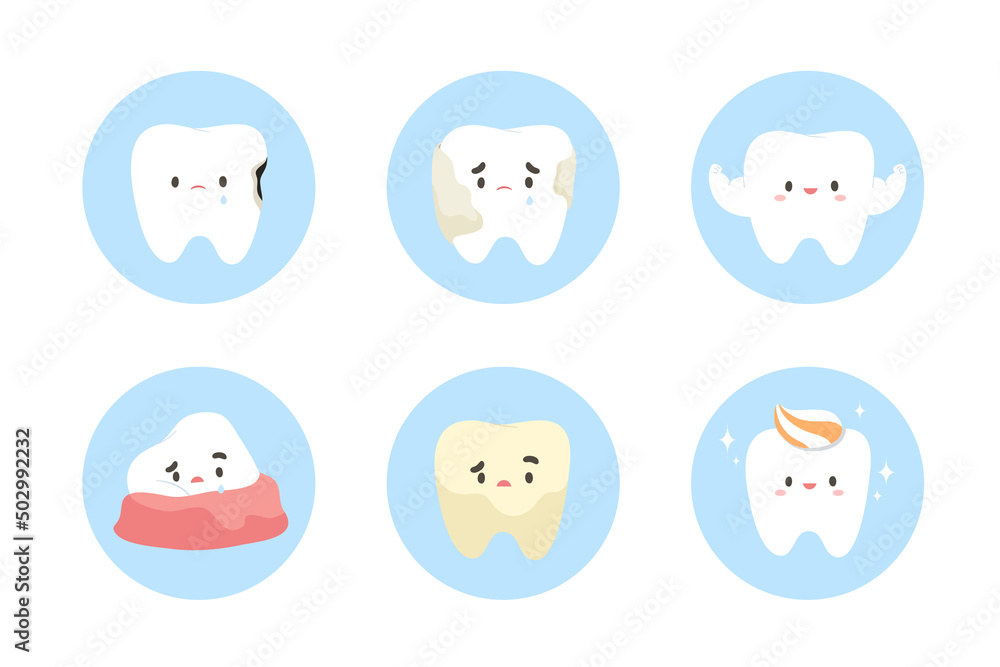 Set of healthy and unhealthy teeth icon isolated on white background. Tooth cartoon for decoration. Illustration for kids, dental education, dentistry, dental clinic. Flat vector illustration. Set of healthy and unhealthy teeth icon isolated on white background. Tooth cartoon for decoration. Illustration for kids, dental education, dentistry, dental clinic. Flat vector illustration.