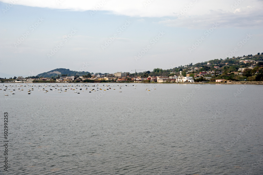 Lagoon Fusaro used for the cultivation of mussels Bacoli, Naples, Italy.