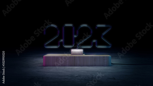 Glass Neon light of 2023 Symbol on wooden stage
