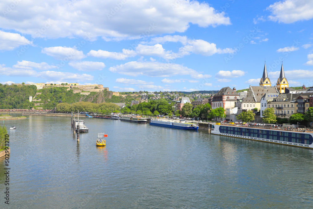 View of the Ehrenbreitstein Fortress, the city of Koblenz and the Moselle, Koblenz - Germany
