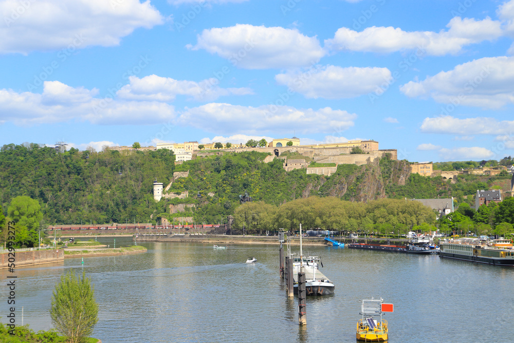Obraz premium View of the Ehrenbreitstein Fortress, the city of Koblenz and the Moselle, Koblenz - Germany