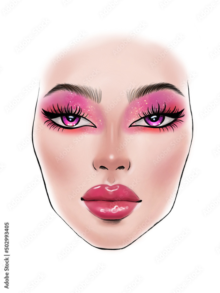 Face chart for make up artist . woman face. beauty illustration. fashion illustration.  Style woman portrait.