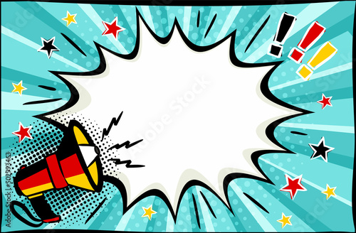 Comic empty speech bubble with shout in colors of German tricolor. Pop art for National or Election Day of Germany. Vector illustration for festive, holiday, tourist trips, travel, meeting guests
